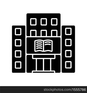 Library black glyph icon. University, college library. Bookstore. Student life. Educational building front. Architecture. Silhouette symbol on white space. Vector isolated illustration. Library black glyph icon