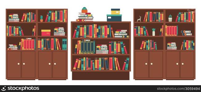 Library book shelves room. Book stacks in wooden furniture. Various books in bookshelf stand and lie, colorful covers, wood cabinet for studying and learning, classic interior vector illustration. Library book shelves room. Book stacks in wooden furniture. Books in bookshelf stand and lie, colorful covers, wood cabinet for studying and learning, classic interior vector illustration