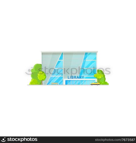 Library building, public architecture icon, vector facade entrance, flat cartoon exterior. Isolated public library building, school or college education books place of glass with modern letter signage. Library building, public architecture icon, facade