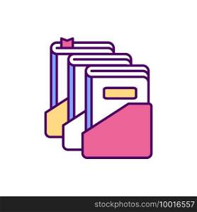 Library catalogue RGB color icon. Book storage catalogue. categories. Books for adults, teens, kids. Lots of books available. Popular books acces. Learning new subjects. Isolated vector illustration. Library catalogue RGB color icon