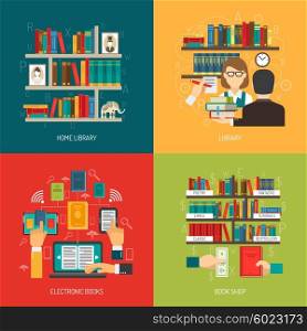 Library Concept 4 Flat Icons Square. Reading concept 4 flat icons composition poster with home online electronic library and book store vector illustration