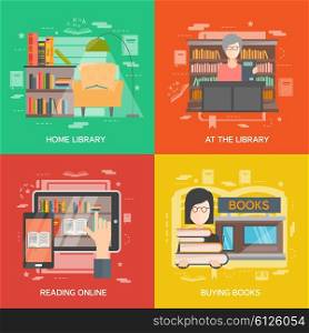 Library concept set. Library design concept set with online reading flat icons isolated vector illustration