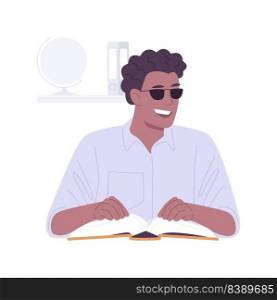 Library facilities isolated cartoon vector illustrations. Blind boy reading book in library, disability people educational process, preparing for college classes, student life vector cartoon.. Library facilities isolated cartoon vector illustrations.