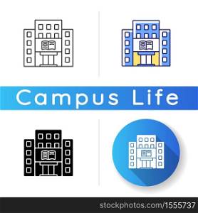 Library icon. University, college library. Bookstore. Student life. Educational building front. Architecture. Archives. Linear black and RGB color styles. Isolated vector illustrations. Library icon