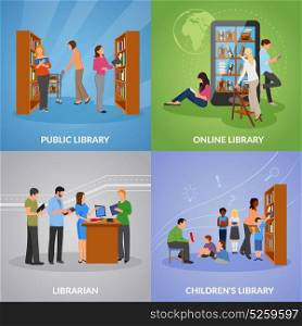 Library Icons Set. Library concept icons set with public and online library symbols flat isolated vector illustration