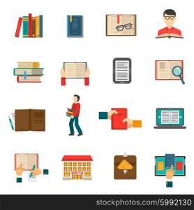 Library Icons Set. Library flat icons set with people reading traditional and electronic books isolated vector illustration
