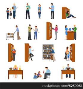 Library Icons Set. Library icons set with people and books flat isolated vector illustration