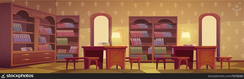 Library interior, empty room for reading with various books collection on wooden bookcase shelves, desks with lamps and wallpapers on wall. Cozy place for literature readers, cartoon vector athenaeum. Library interior empty room for books reading