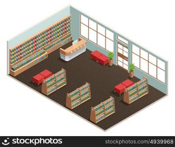 Library Interior Isometric. Color isometric design of library room with wall of books reception and ottoman vector illustration