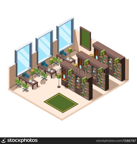 Library interior. University school room with bookshelves librarian campus vector isometric building. Library interior, furniture 3d bookshelf, university or school illustration. Library interior. University school room with bookshelves librarian campus vector isometric building