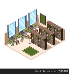 Library interior. University school room with bookshelves librarian campus vector isometric building. Library interior, furniture 3d bookshelf, university or school illustration. Library interior. University school room with bookshelves librarian campus vector isometric building