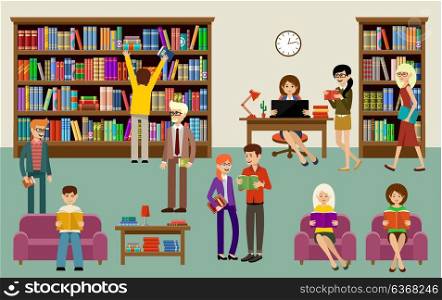 Library interior with people and book shelves. Education. Vector illustration