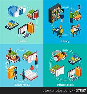Library Isometric 2x2 Compositions. Isometric 2x2 compositions presenting classic library e-books reading people and different types of books vector illustration