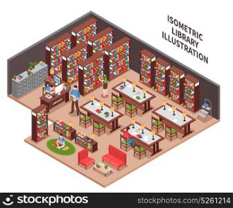 Library Isometric Illustration. Library with woman employee at workplace with computer bookcases filing cabinet visitors reading area isometric vector illustration