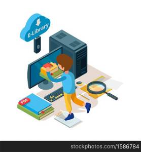Library isometric. Online education book and readers digital archiving university college students learning vector school library. Illustration of education isometric with online e-library. Library isometric. Online education book and readers digital archiving university college students learning vector school library