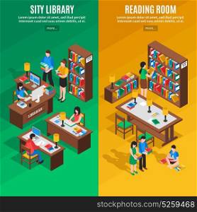 Library Isometric Vertical Banners. Isometric vertical banners with city library and reading room on green and yellow background isolated vector illustration