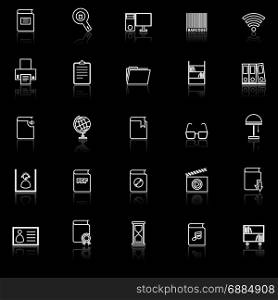 Library line icons with reflect on black background, stock vector