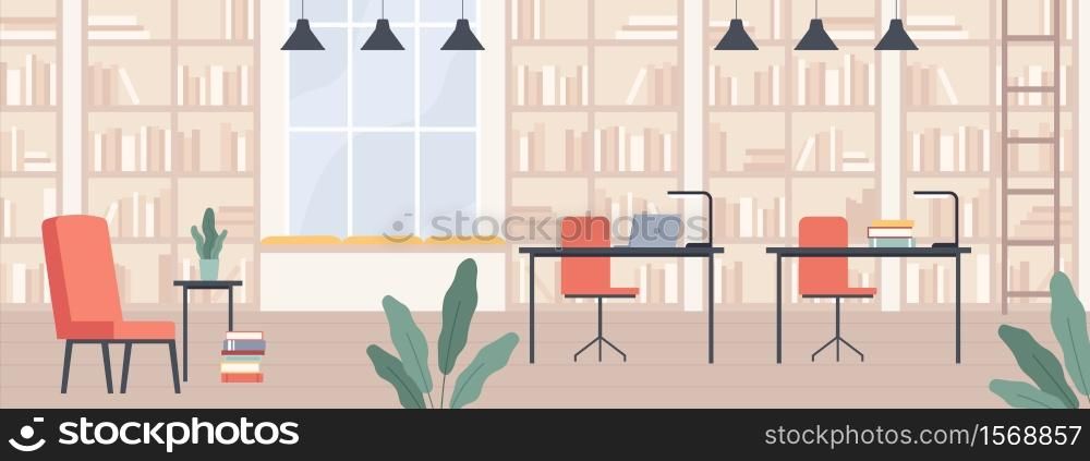 Library. Modern public library interior with bookshelves, chairs, desks and computers, reading room or bookshop hall vector illustration. Book room public, knowledge education interior. Library. Modern public library interior with bookshelves, chairs, desks and computers, reading room or bookshop hall vector illustration