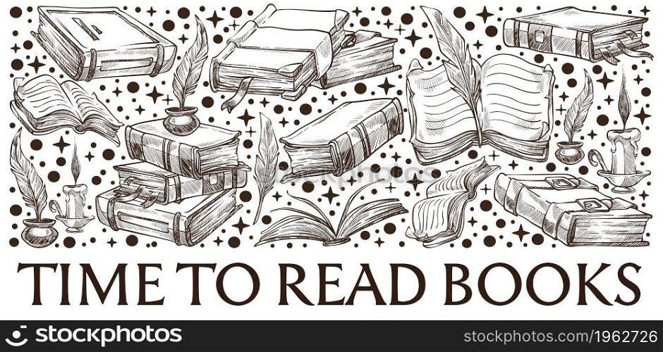 Library or bookstore, time to read books. Hobby and pastime leisure for enrichment of knowledge, school and university studies. Monochrome sketch colorless outline design. Vector in flat style. Time to read books, library or bookstore shop