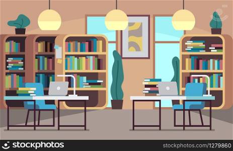 Library. Public reading room with bookcase, bookshelves, wooden desks, chairs and computers, college education, modern bookshop vector interior with floor and window. Library. Public reading room with bookcase, bookshelves, wooden desks, chairs and computers, college education, modern bookshop vector interior