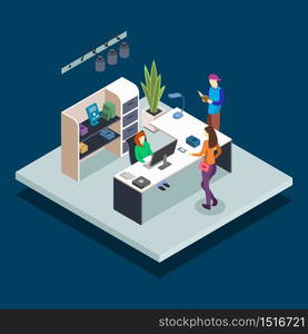 Library reception isometric color vector illustration. Librarian at desk. Bookstore administrator. Students reading and studying in public book library 3d concept isolated on blue background