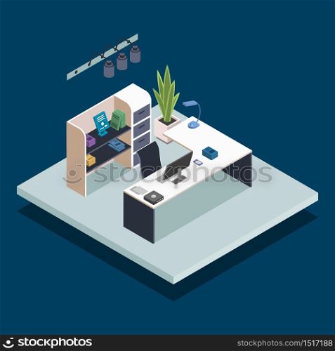 Library reception isometric color vector illustration. Office manager, librarian, receptionist desk. Bookstore administrator workplace. Public book library room 3d concept isolated on blue background