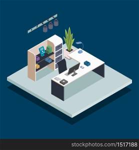 Library reception isometric color vector illustration. Office manager, librarian, receptionist desk. Bookstore administrator workplace. Public book library room 3d concept isolated on blue background