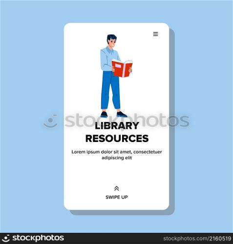 Library resources online book. school education. research training. digital study course character web flat cartoon illustration. Library resources vector