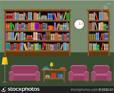Library room. Interior. Books. Vector illustration
