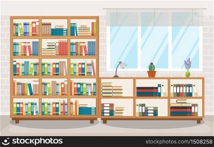 Library Room Interior Stack of Book on Bookshelf Flat Design