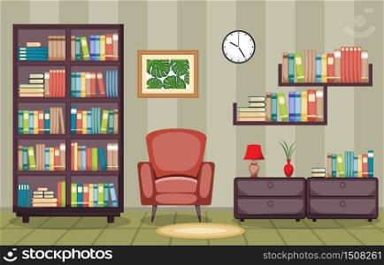 Library Room Interior Stack of Book on Bookshelf Flat Design