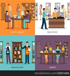 Library Service 2x2 Set. Set of 2x2 images presenting scenes of library services like library bookstore and booksellers flat vector illustration