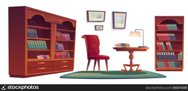 Library vip interior set with bookcases, chair, desk and l&. Vector cartoon set of old luxury furniture in home library or office with wooden bookshelves, armchair, carpet and picture frames. Old vip library interior with bookcases