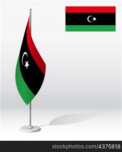 LIBYA flag on flagpole for registration of solemn event, meeting foreign guests. National independence day of LIBYA. Realistic 3D vector on white