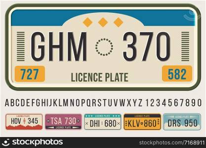 License car plates font. Embossed font letters and numbers, cars registration number frame template vector illustration set. Collection of vehicle ID or automobile identifiers, symbols and digits.. License car plates font. Embossed font letters and numbers, cars registration number frame template vector illustration set