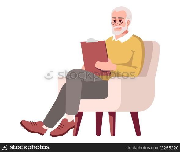 Licensed psychotherapist sitting in armchair semi flat RGB color vector illustration. Professional practice. Psychologist conducting consultation meeting isolated cartoon character on white background. Licensed psychotherapist sitting in armchair flat RGB color vector illustration