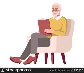 Licensed psychotherapist sitting in armchair semi flat RGB color vector illustration. Professional practice. Psychologist conducting consultation meeting isolated cartoon character on white background. Licensed psychotherapist sitting in armchair flat RGB color vector illustration