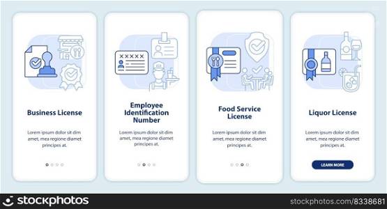 Licenses and permits for food service light blue onboarding mobile app screen. Walkthrough 4 steps editable instructions with linear concepts. UI, UX, GUI template. Myriad Pro-Bold, Regular fonts used. Licenses and permits for food service light blue onboarding mobile app screen