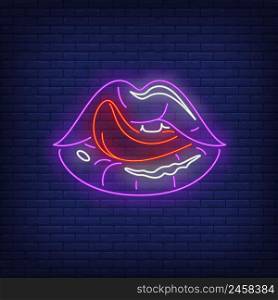 Licking lips neon sign. Female mouth, tongue out, teeth. Gestures concept. Vector illustration in neon style, glowing element for banners, posters, flyers