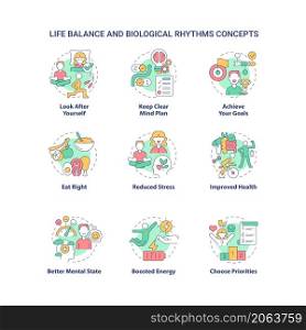 Life balance and biological rhythms concept icons set. Healthcare idea thin line color illustrations. Isolated outline drawings. Editable stroke. Roboto-Medium, Myriad Pro-Bold fonts used. Life balance and biological rhythms concept icons set