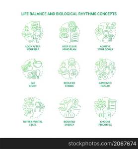 Life balance and biological rhythms green gradient concept icons set. Healthy life idea thin line color illustrations. Isolated outline drawings. Roboto-Medium, Myriad Pro-Bold fonts used. Life balance and biological rhythms green gradient concept icons set