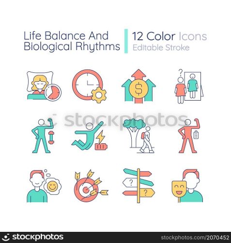 Life balance and biological rhythms RGB color icons set. Healthy lifestyle habits. Isolated vector illustrations. Simple filled line drawings collection. Editable stroke. Quicksand-Light font used. Life balance and biological rhythms RGB color icons set