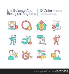Life balance and biological rhythms RGB color icons set. Healthy lifestyle habits. Isolated vector illustrations. Simple filled line drawings collection. Editable stroke. Quicksand-Light font used. Life balance and biological rhythms RGB color icons set