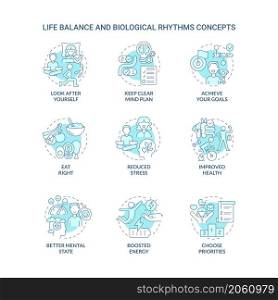 Life balance and biological rhythms turquoise concept icons set. Selfcare idea thin line color illustrations. Isolated outline drawings. Editable stroke. Roboto-Medium, Myriad Pro-Bold fonts used. Life balance and biological rhythms turquoise concept icons set
