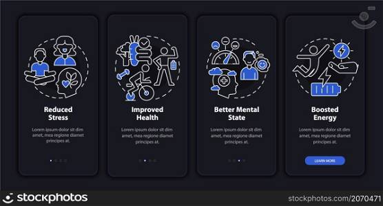 Life balance benefits night mode onboarding mobile app screen. Wellness walkthrough 4 steps graphic instructions pages with linear concepts. UI, UX, GUI template. Myriad Pro-Bold, Regular fonts used. Life balance benefits night mode onboarding mobile app screen