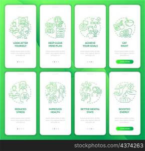 Life balance green gradient onboarding mobile app screen set. Selfcare walkthrough 4 steps graphic instructions pages with linear concepts. UI, UX, GUI template. Myriad Pro-Bold, Regular fonts used. Life balance green gradient onboarding mobile app screen set