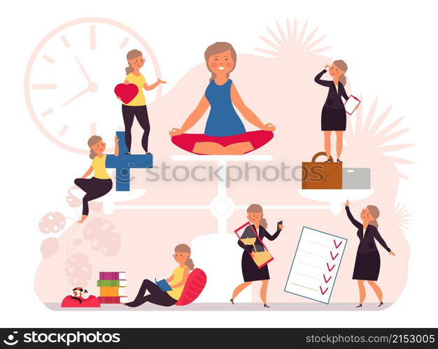 Life balance. Health work equality, women hard working. Woman on scales, stress control and care. Business house money balancing vector. Illustration harmony comparison, management career and relax. Life balance. Health work equality, women hard working. Woman on scales, stress control and care. Business house money balancing decent vector concept
