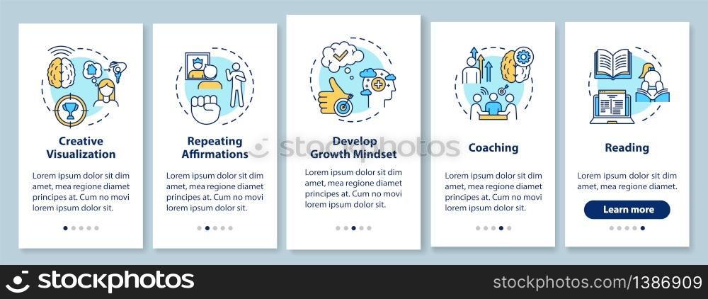 Life coaching onboarding mobile app page screen with concepts. Positive mindset. Improve personal growth walkthrough 5 steps graphic instructions. UI vector template with RGB color illustrations. Life coaching onboarding mobile app page screen with concepts