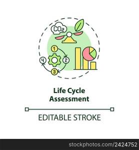 Life cycle assessment concept icon. Impact study. Method of industrial ecology abstract idea thin line illustration. Isolated outline drawing. Editable stroke. Arial, Myriad Pro-Bold fonts used. Life cycle assessment concept icon