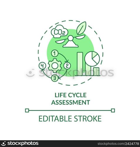 Life cycle assessment green concept icon. Impact study. Industrial ecology method abstract idea thin line illustration. Isolated outline drawing. Editable stroke. Arial, Myriad Pro-Bold fonts used. Life cycle assessment green concept icon